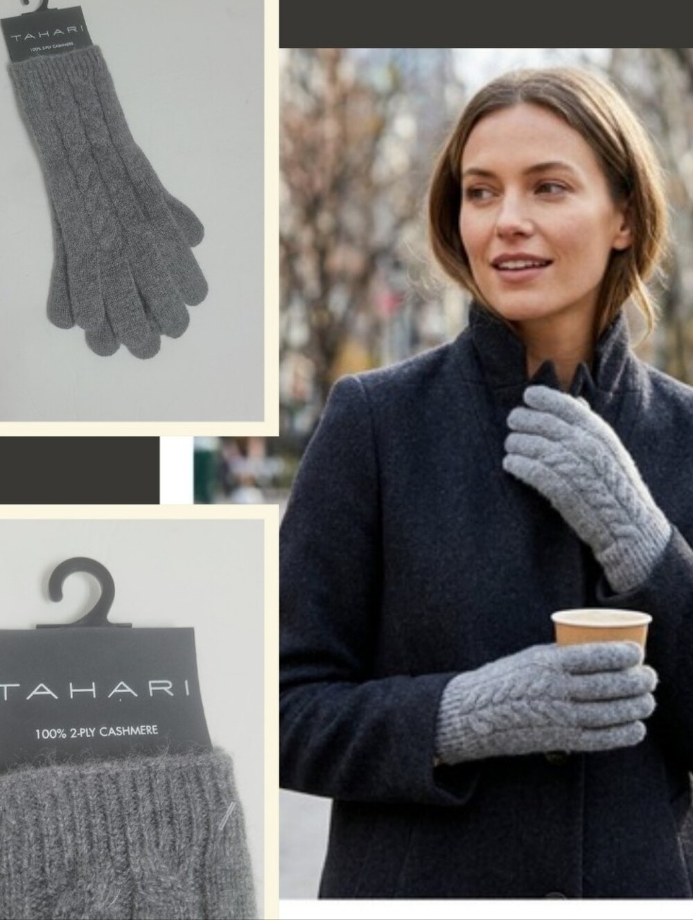 NWT Tahari 100% Cashmere Gloves Grey Cable Knit Luxury Soft Winter Warm 2-Ply